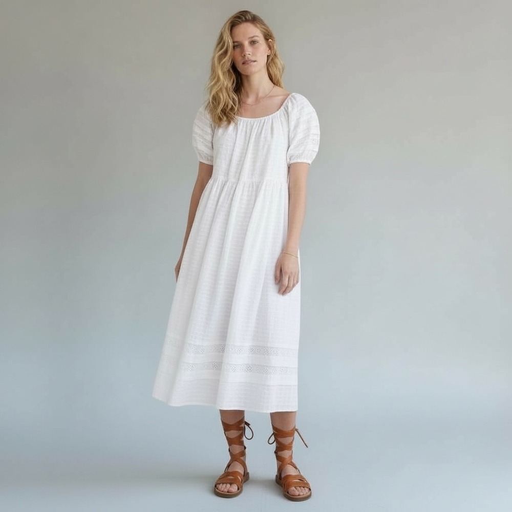 Madewell Pintuck Midi Relaxed White Peasant Cottage Cotton Dress Pockets‎ Lined